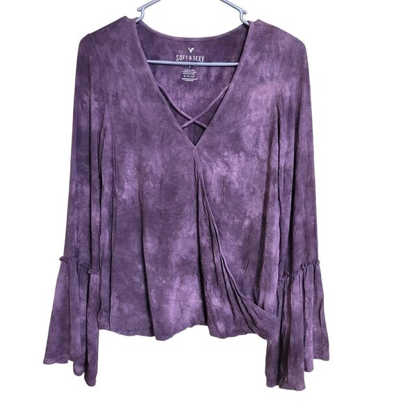American Eagle Tie-Dye Bell Sleeve Wrap Top Purple Y2K Fairy Boho‎ Whimsygoth - Picture 1 of 9